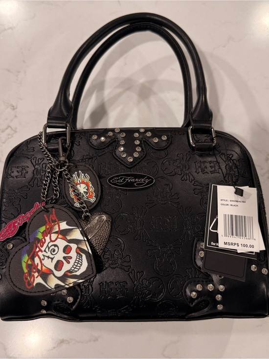 Ed Hardy Handbags - Ed Hardy Black Embossed Satchel with Colorful Skull Charms